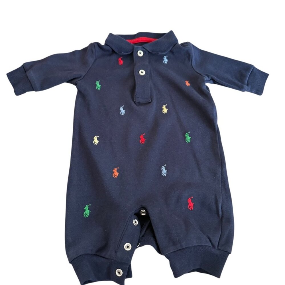 Ralph Lauren One Piece Polo Baby Blue Pony Embroidered Long Sleeve Preppy NB